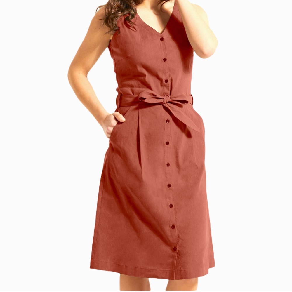 FIG IVO Dress Linen Lyocell Button Down Small Redwood